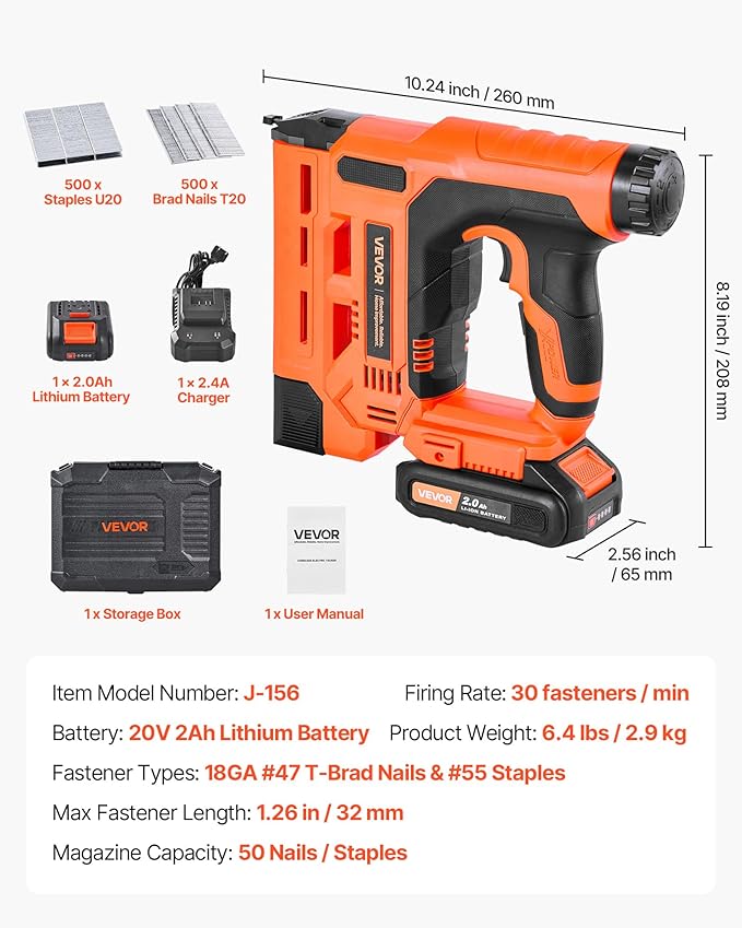 VEVOR Cordless Brad Nailer, 2-in-1 Nail Gun Staple Gun, 18 Gauge 1-1/4 inch, Includes 500 Pcs Staples and 500 Pcs Nails, with Battery and Charger, Non-Slip Rubber Grip, for Woodworking DIY Projects