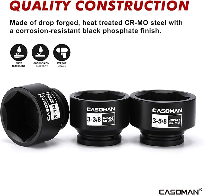 CASOMAN 6-Piece 1" Drive Shallow Spindle Axle Nut Impact Socket Set, 6-Point, Standard Large Socket Set, SAE (3-1/4" to 4"), CR-MO Steel, with Storage Case