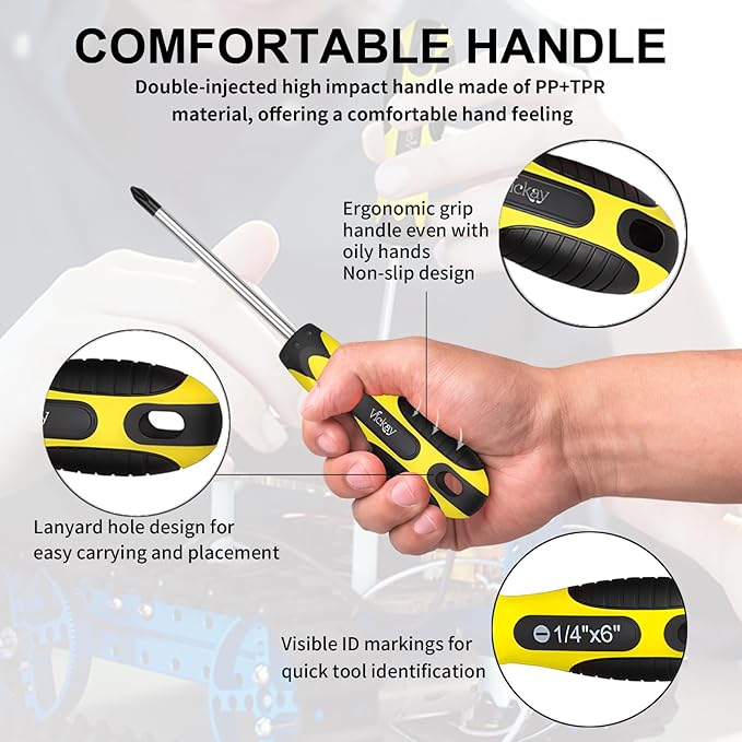 Vickay Magnetic Screwdriver Set,5 Pieces Slotted and Phillips Screwdriver with Ergonomic Comfortable Non-skid Handle,Permanent Magnetic Tips (Yellow)