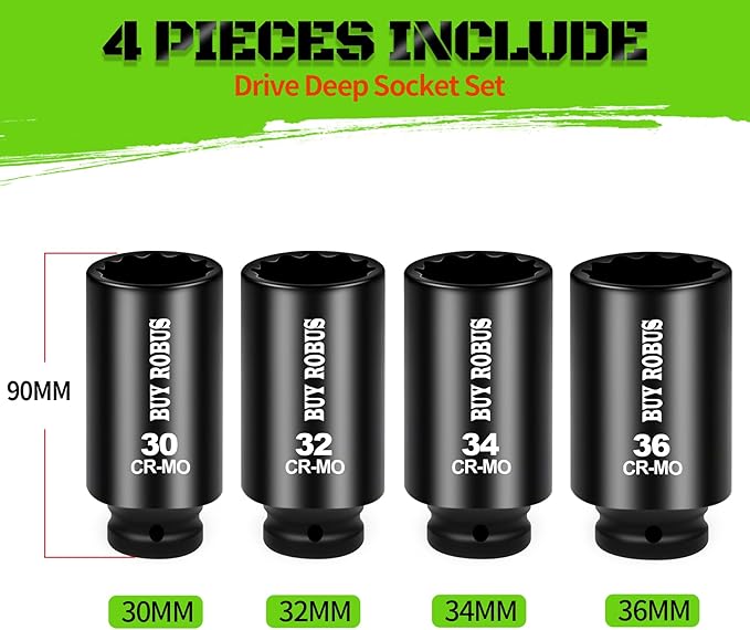 1/2 Drive Deep Axle Nut Impact Socket Set,12 Point Socket Set Metric, CR-MO, 30mm, 32mm, 34mm, 36mm, 4-Piece 1/2" Heavy Duty Socket Set (12 point can also be used at 6 point)