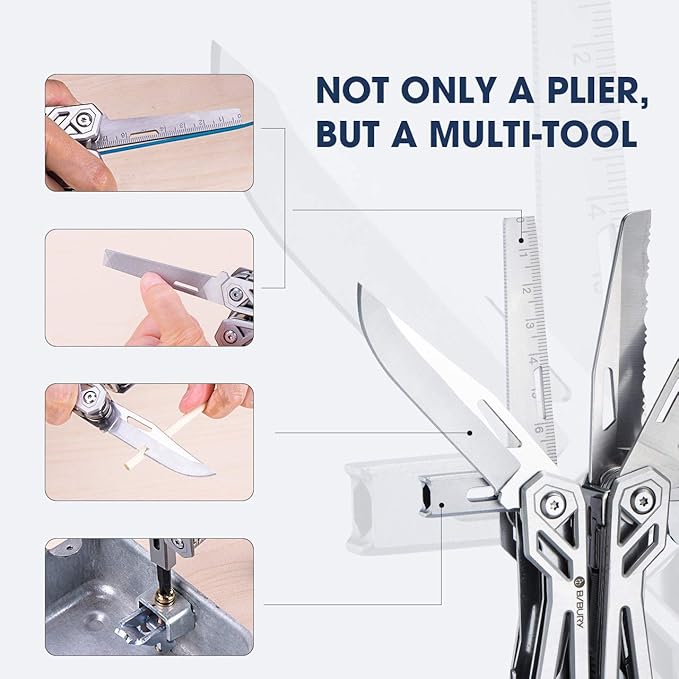 Christmas Gifts for Men Him Dad, BIBURY Multitool with Pocket Knife, 21-in-1 Stainless Steel Pliers with Screwdriver, Safety Locking Multi tools with EDC Knife for Survival, Camping, Fishing, Repair