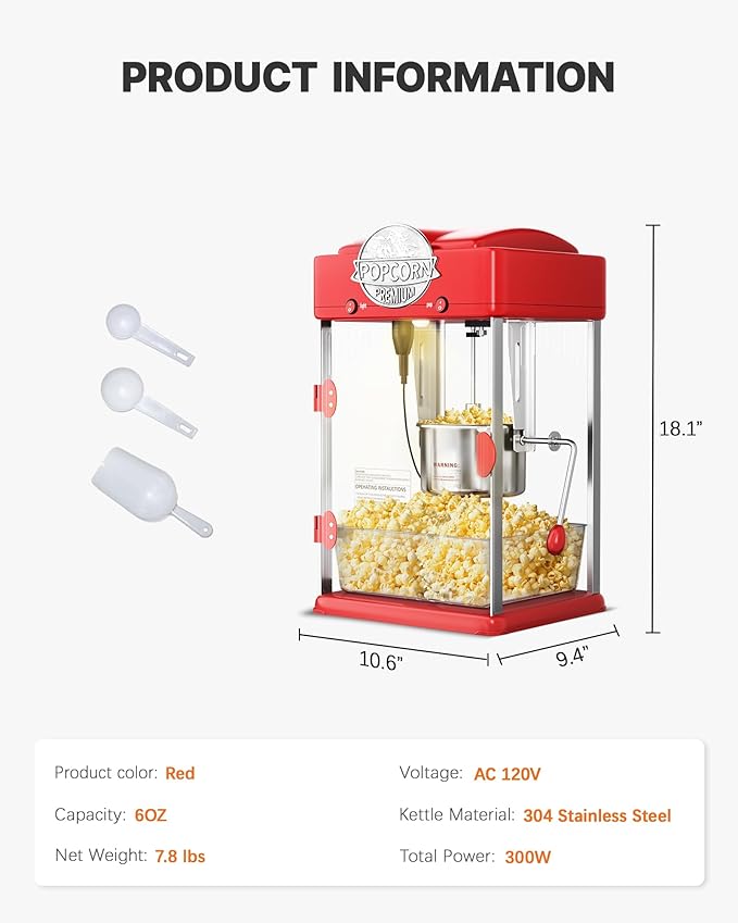 6 Oz Popcorn Machine Maker, Countertop Pop Corn Machine, Tabletop Popcorn Machine, Movie Theater Popcorn Popper Machine with Stainless-Steel Kettle, Measuring Tool for Home Family, 300 W, Red