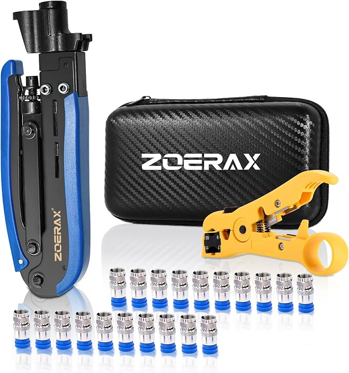 ZOERAX Coax Cable Crimper Tool Kit with Wire Stripper and 20PCS F Connectors ??Coax Compression Tool for RG6, RG59, RG11 Coaxial Cables for TV, Internet, Satellite Installations & Home Networking