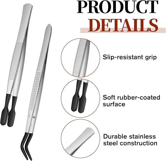 4Pcs Bead Jewelry Tweezer Forceps Rubber Tipped Tweezers Flat and Bent Silicone Tipped Forceps for Crafting Stamps Tongs Lab Industrial