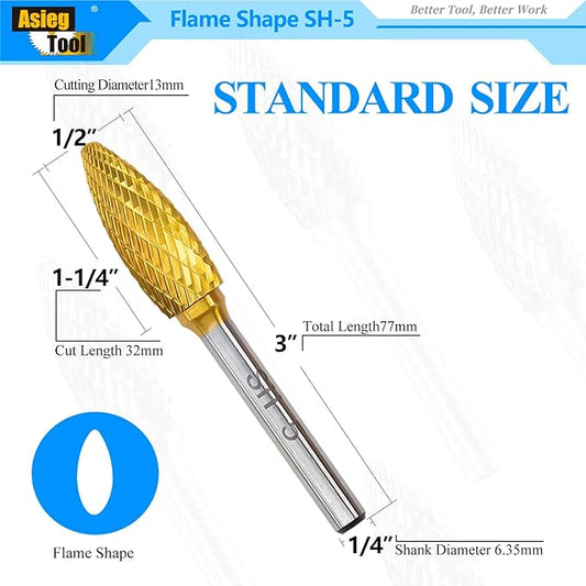 SH-5 5pcs Tungsten Carbide Burr TiN Rotary File Flame Shape Double Cut with 1/4''Shank for Die Grinder Drill Bit