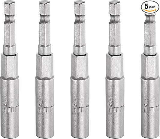 HARFINGTON 5pcs Nut Driver Drill Bit 7mm Metric Socket 1/4" Hex Shank 3.15" (80mm) Long 6-Point Sockets Quick Change CR-V Steel Bolt Setters for Power Drill Drivers