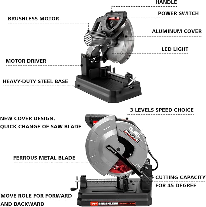 DJBL 14" Brushless Cold Cut Saw - 3500w, Changeable Speeds, 66 Teeth Ferrous Metal Blade, 45 Degree Adjustable