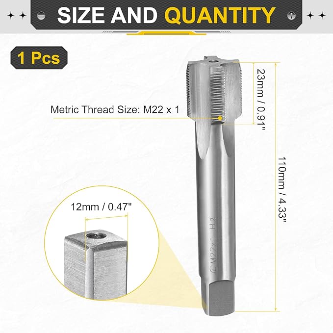uxcell Hand Plug Tap M22 x 1 H2 Metric Thread Plug Style Taps Straight Flute Screw Tapping Threading Tool High Speed Steel HSS6542