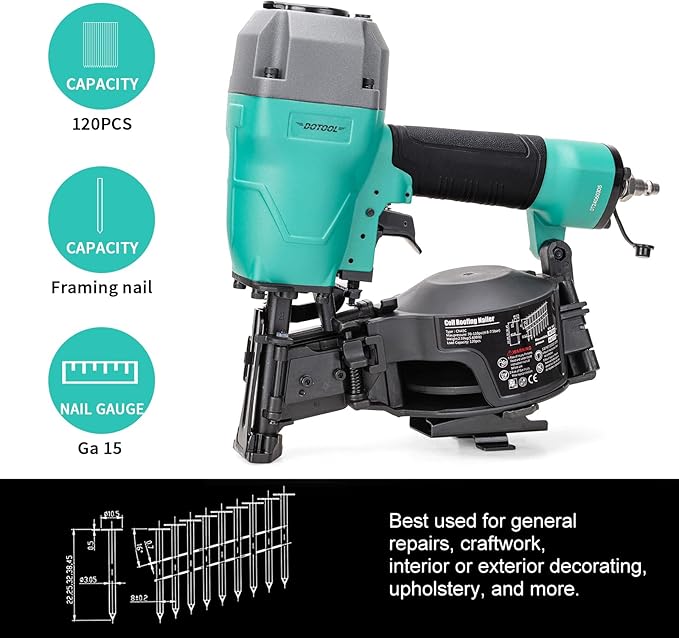 Roofing Nailer CN45C 15 Degree 3/4-Inch to 1-3/4-Inch Roofing Nail Gun Pneumatic Coil Nailer 120 pcs Load Capacity