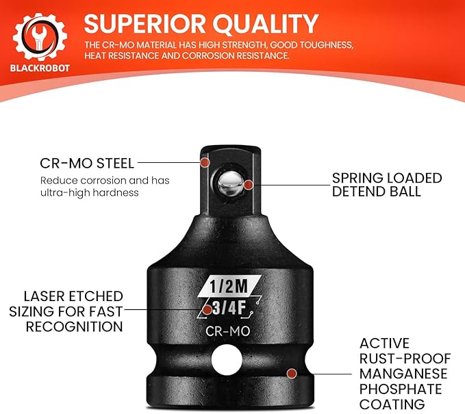BLACKROBOT 2 Pieces 3/4??F To 1/2??M Impact Socket Adapter Set, SAE Drive Cr-Mo Steel Exceeds ANSI Standards, Square Drive Socket Reducer for Impact Driver Wrench