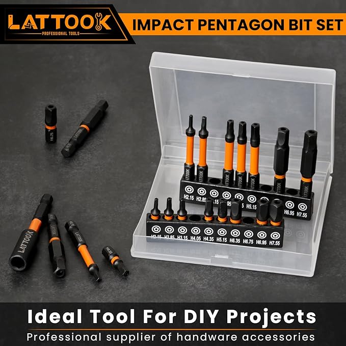 Impact Pentagon Bit Set, LATTOOK 21-Pieces Metric 5 Sided Tamper Proof Security Bit Set, 1/4" Hex Shank Magnetic S2 Steel, 2.3'' & 1'' Long