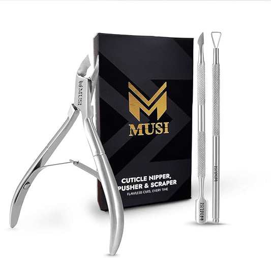 MUSI Cuticle Trimmer, Remover & Pusher ??Professional Pedicure & Manicure Tools for Fingernails & Toenails, Dead Skin Removal, Durable Stainless Steel Nipper, Cutter & Clippers Kit