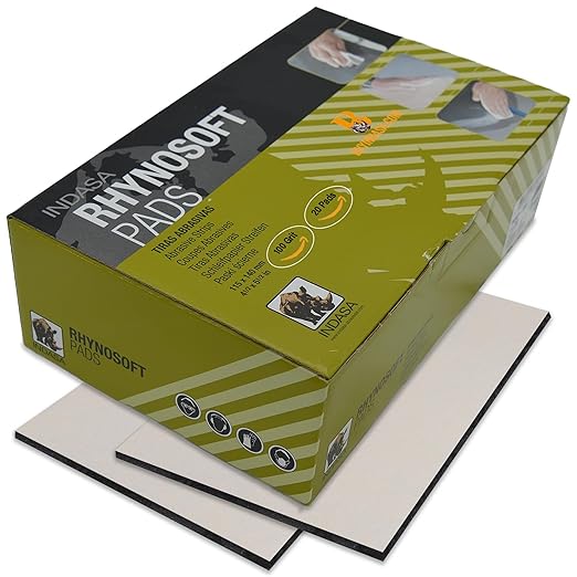 Indasa Rhynosoft Foam Sanding Pads - 4.5" x 5.5",Hook and Loop, 100 Grit, Redline & Plusline, Flexible,Tear-Resistant,Ideal for Automotive,Wood,& Finishing (Pack of 20 Pads)