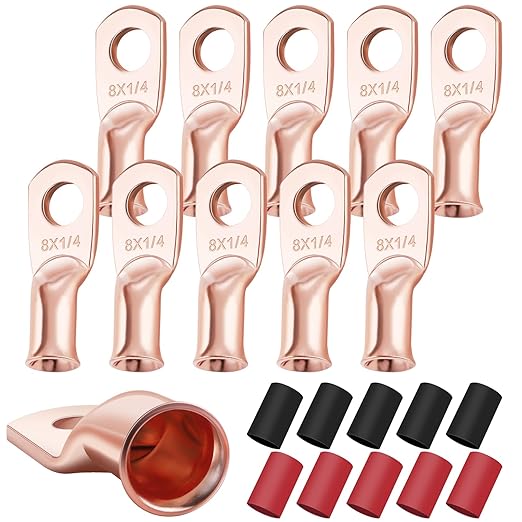 XHF 10PCS 8 AWG-1/4 Heavy Duty Battery Lugs with 3:1 Heat Shrink Tubing, Ring Terminals Battery Cable Ends Copper Eyelets Electrical Battery Connectors