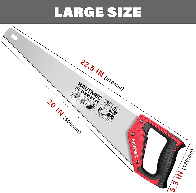 HAUTMEC 20" Universal Hand Saw, 8 TPI Triple-Ground Teeth, Low-Friction Blade, Ergonomic Handle with 45° & 90° Markers, Pro Handsaw for Wood, Plywood, Plastic, Tree Branch Cutting – HT0025