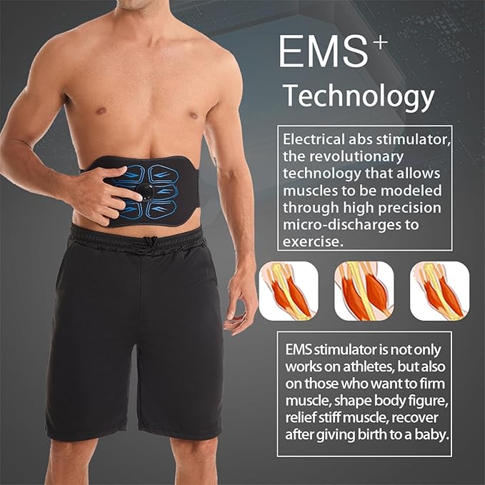 ABS Stimulator - EMS Muscle Stimulator, Ab Machine, Portable Abdominal Belt, Electronic Pulse Massager, Home Office Fitness Workout Equipment Blue