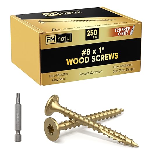 #8 x 1” Deck Screws, 250Pcs Star Drive Wood Screws, Rust Resistant Timber Screws for Timber/Log/Landscaping Wood, T20 Star Bit Included, Gold