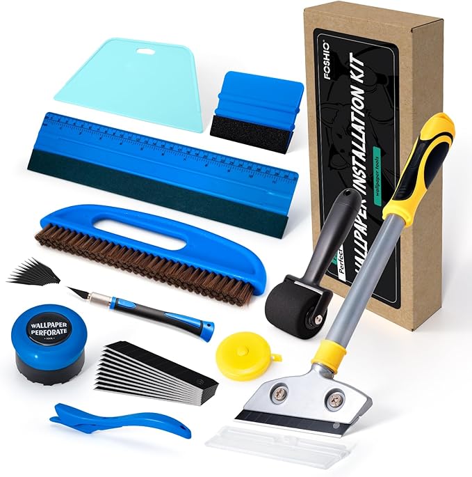 FOSHIO Wallpaper Kit, Wallpaper Scoring Tool, Razor Blade Scraper, Seam Roller, Wallpaper Brush, Felt Squeegee, Paper Cutter & Exacto Knife Set, Felt Squeegee Wallpaper Tools for Peel and Stick
