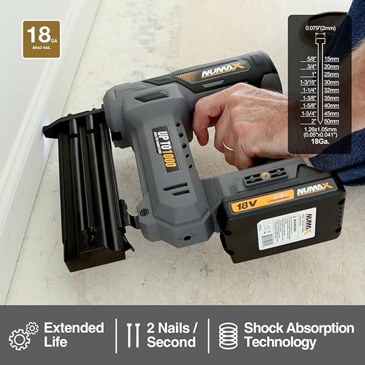 NuMax 18V Cordless Brad Nailer,18 Gauge Brad Nail Gun with Battery, Charger & 500 Nails | Drives 1000 Shots Per Charge | Compatible with 3/8"??" Brad Nails | S18VBR50