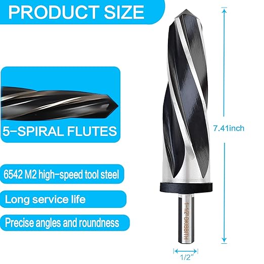 DKIBBITH 1-1/2" Bridge Construction Reamer Drill Bit, M2 HSS Taper Chucking Reamer for Steel Alloy Metal Wood Plastic, 1/2" Non-Slip Shank, 5-Spiral Flutes Car Reamer, to Align or Enlarge Holes, 38mm