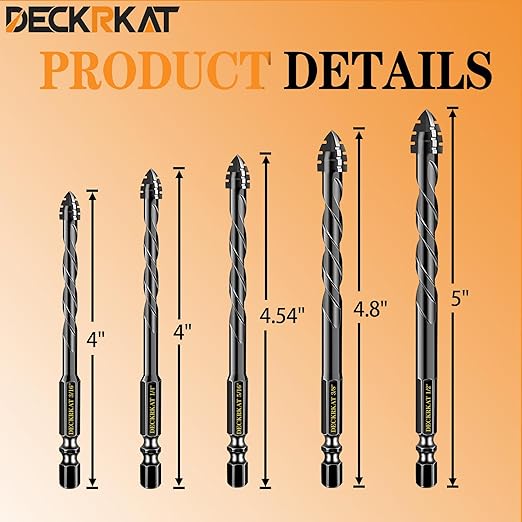 DECKRKAT Upgraded Black 4-Flute Serrated Masonry Drill Bit Set - 5-Piece Set (3/16" to 1/2") for Concrete, Tile, Glass, Brick, Ceramic, Plastic,
