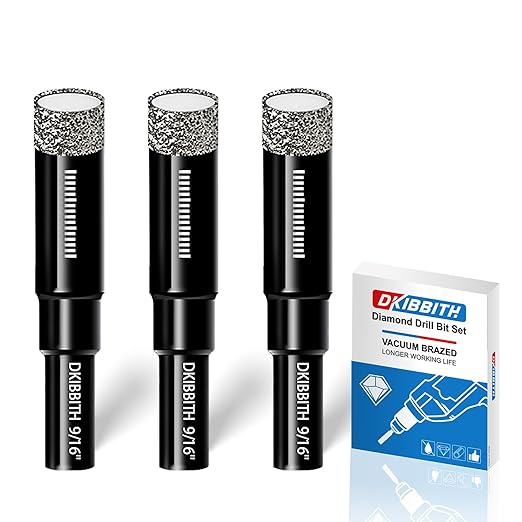 3pc 9/16??Diamond Core Drill Bits Set, 14mm Tile Drill Bits for Ceramic, Porcelain, Marble, Granite, Stone, Glass w/Integrated Coolant for Dry Drilling, Round Shank & Storage Case, Precision Cutting
