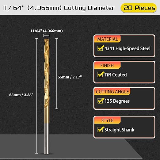 Drill Bit, 11/64" Cutting Diameter, 4341 HSS Jobber Bits TiN Coated 135° Cutting Angle - (Applications: for Drilling Soft Metal Plastic Wood), 20-Pieces