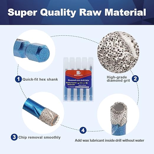 Diamond Drill Bit - BRSCHNITT 1/4 1/4 5/16 3/8 inch Masonry Drill Bits Set for Porcelain Tile Ceramic Stone Granite Marble,Hex Shank Diamond Hole Saw Drill Bit(5pcs/Pack).