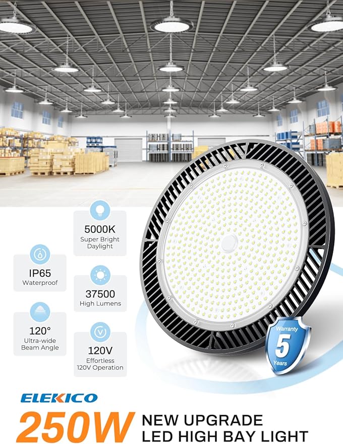Super Bright 250w UFO LED High Bay Light 35000lm with Plug 5ft Cable (Eqv.1000w Mh/Hps/Hid),5000k High Bay Led Shop Lights Garage Lighting for Garage Factory Workshop Warehouse Barn -6pack