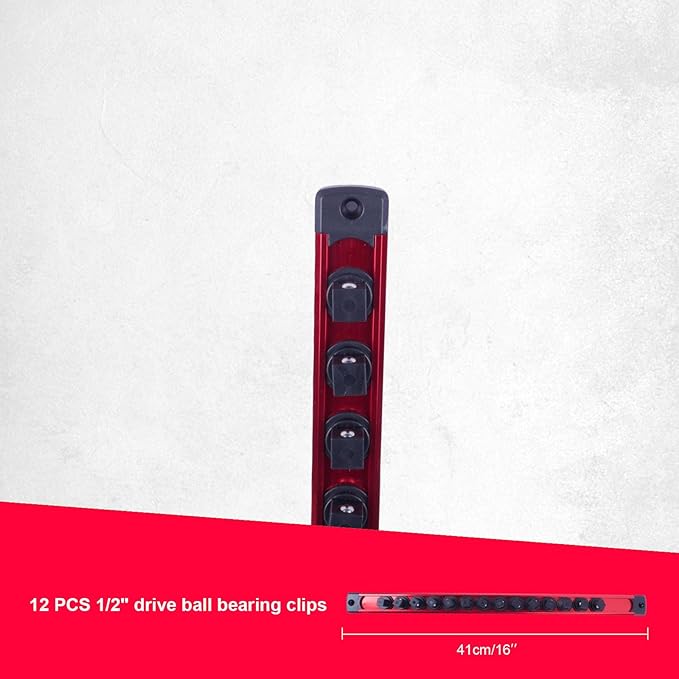 Magnetic Socket Holder Organizer Set:1/2-Inch Drive Socket Trays Socket, 360째 Swivel 12 Clips Socket Holder Kit, For Automotive Mechanic Garage (Red)