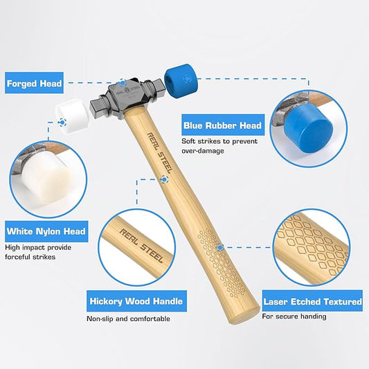 REAL STEEL Small Rubber Mallet Hammer 12 Oz Double Face Hammer Soft/Hard Hickory Wood Handle (0312)