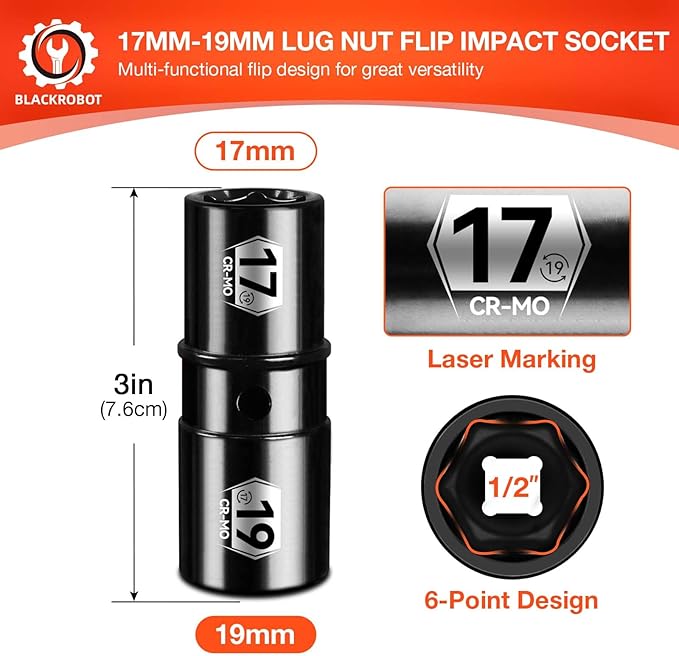 BLACKROBOT 1/2" Drive Impact Lug Nut Socket Set, 17mm x 19mm Impact Socket Set, CR-MO, 6-Point, Electroplated Surface for Auto Repair