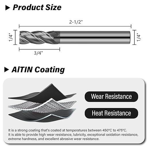 1/4" Carbide Square End Mill 4 Flute AlTIN Coated CNC Milling Bits for Alloy Steels, Hardened Steels, Cast Iron