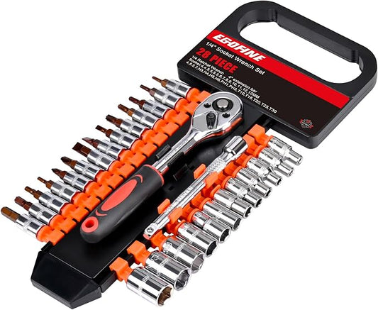 Egofine 28pcs 1/4 Inch Ratchet Socket Wrench Set, Drive Socket Set with 12 Sockets and 14 Bit Socket Set, with Extension Bars