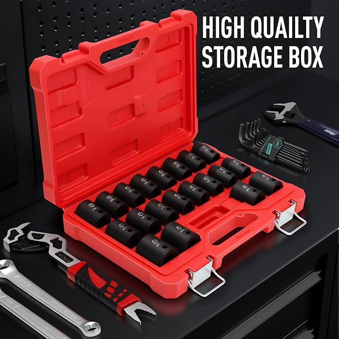 DISEN 20PCS 1/2" Impact Socket Set, Shallow Sockets SAE 13/16"-3/8" & Metric 10-24mm, 6-Point Cr-V & Alloy Steel, 1/2 Inches Drive Impact Socket Set,Rugged Construction, Enhanced Storage Case