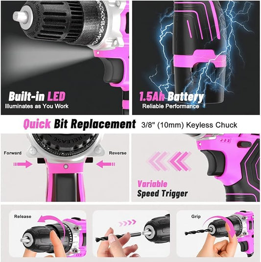 12V Pink Drill Driver Set, Women's Lightweight, 2 Batteries + Fast Charger, 2-Speed, 3/8" Keyless Chuck, 25 Torque Settings, LED for Metal/Wood DIY