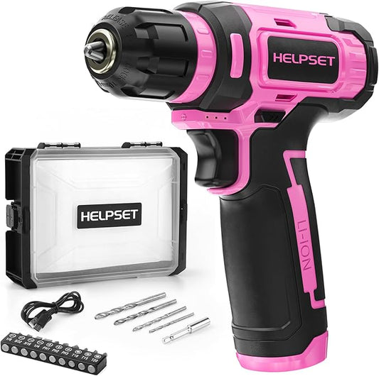 8V Cordless Drill Driver Set with 3/8" Keyless Chuck, 15pcs Bits, Type-C Charging, Built-in LED and Variable Speed for Drilling and Screwing, Toolbox (Pink)