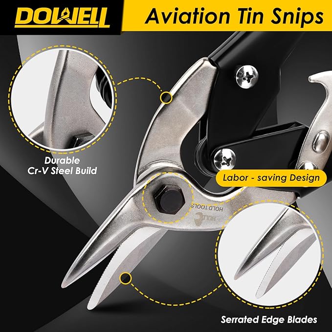 DOWELL 10 Inch Aviation Tin Snips Right, Heavy Duty Cut Metal Shears for Sheet Metal, Chrome Vanadium Steel Blade, Ideal for DIY Enthusiasts, Handymen and Industrial Repairs