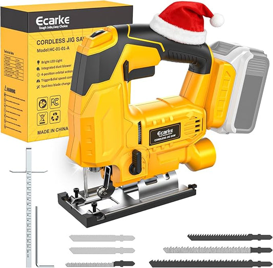 Ecarke Cordless Jig Saw Compatible With Dewalt 20V Max Battery (Only Tool), 4 Orbital Sets, 6 Variable Speeds Control, Dust-Blowing, ±45° Bevel Cuts, LED Light and 6PCS Blades For Cutting