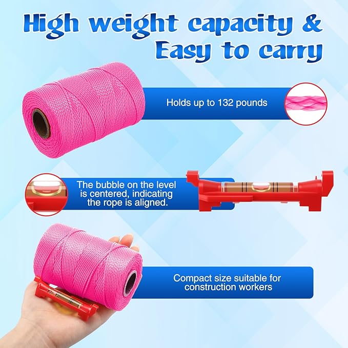 2 Pack #18 500 ft Mason Line String & 10 Pack Built-in Levels, String Level Line Kit for DIY, Gardening Work, Construction Twine Outdoor Projects Layout Brick Working(Fluorescent Pink)