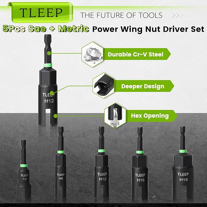 Wing Nut Driver 1/2" 9mm 12mm 15mm 19mm and Wire Nut Twister, 1/4" Hex Nut Driver Set for Impact Drill, Hurricane Shutter Hardware for Panel Nuts Screws Bolt Eye C Hook Q-Hanger Wire Twisting