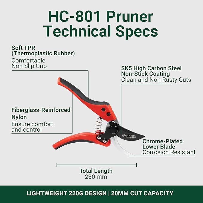 Gardeness Non-Stick Coated Bypass Pruning Shears - Professional Garden Clippers with Comfort Grip Handles, Heavy Duty Hand Secateurs for Trimming Branches, Floral & Yard Work, Arthritis Friendly