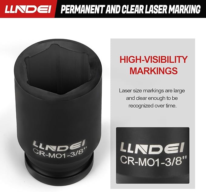 LLNDEI 3/4 inch Drive Impact Socket Set, 12 Piece Heavy Duty CR-MO Deep/Jumbo Sockets 6 Point Design, SAE 3/4" to 1-9/16", for Large Vehicle and Apparatus Maintenance