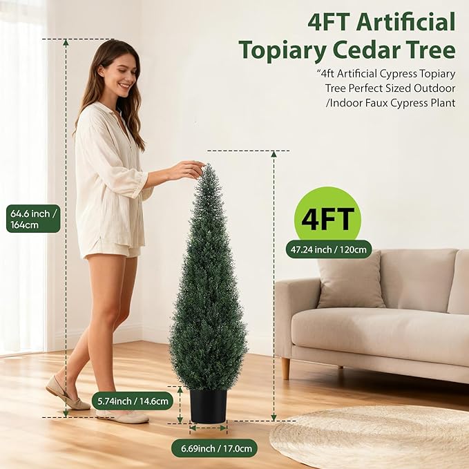 Artificial Trees for Outdoors, BUZIGUBY Artificial Cedar Topiary Trees, 4FT Topiary Trees Artificial Outdoors for Porch, Dense Arborvitae Tree for Front Door Patio Deck Balcony Yard Decor, 2 Pack