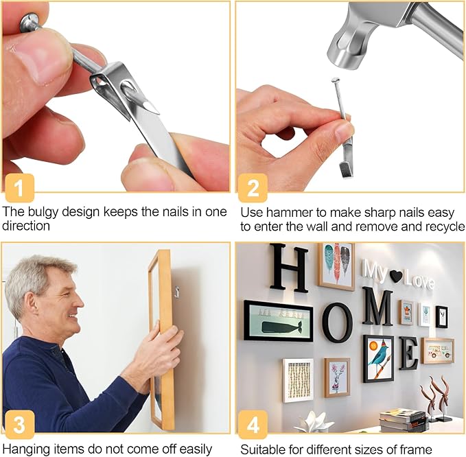 304 Pieces Picture Hanging Kit, 10lb, 30lb, 50lb and 100lb Picture Hangers, Metal Picture Hanging Hooks with Nails, on Drywall, Wooden Wall(Silver)