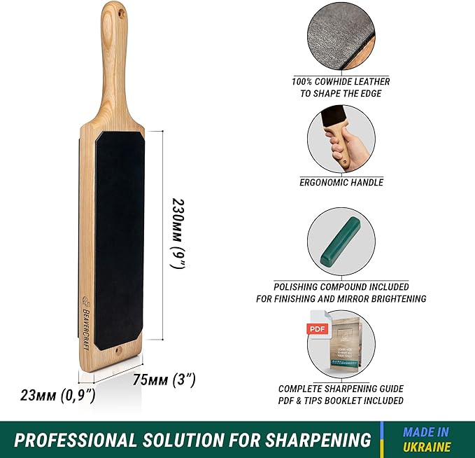 BeaverCraft Leather Strop Kit for Knife Sharpening 15.2" - Leather Knife Strop with Polishing Compound - Stropping Kit Double Sided LS1P1, Razor Sharpener for Knives, Chisels - eBook Guide Included
