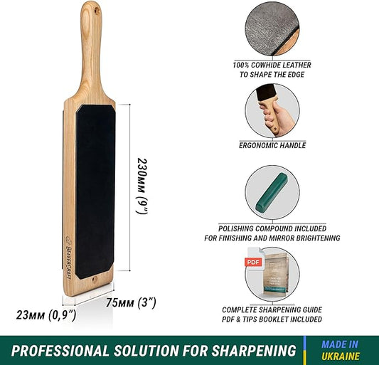 BeaverCraft Leather Strop Kit for Knife Sharpening 15.2" - Leather Knife Strop with Polishing Compound - Stropping Kit Double Sided LS1P1, Razor Sharpener for Knives, Chisels - eBook Guide Included