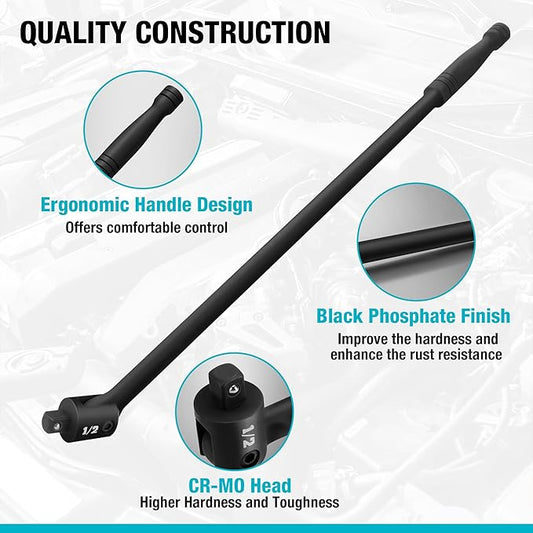 DURATECH Breaker Bar, 1/2'' Drive 24-Inch Breaker Bars Heavy Duty, with 240째 Flex Head, Spring-loaded Detent Ball, CR-MO Head, Premium Black Phosphate Finish