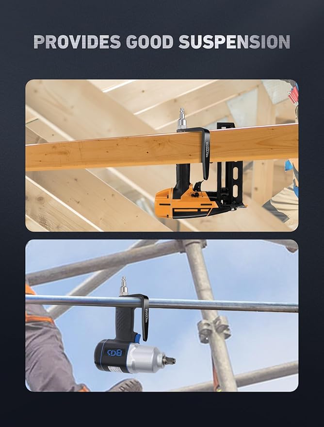 Pneumatic Tool Rafter Hook Hanger with 1/4 Inch & 360째 Swivel Air Fitting, Lightweight Aluminum Air Tool Organizer Holder, L Shaped Hook for Air Nailer, Air Hammer, Air Blow Gun