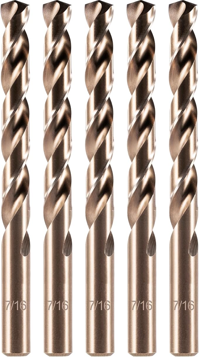 amoolo 7/16" Cobalt Drill Bit(5pcs), M35 HSS Metal Drill Bit Set for Hard Metal, Stainless Steel, Cast Iron Box of 5